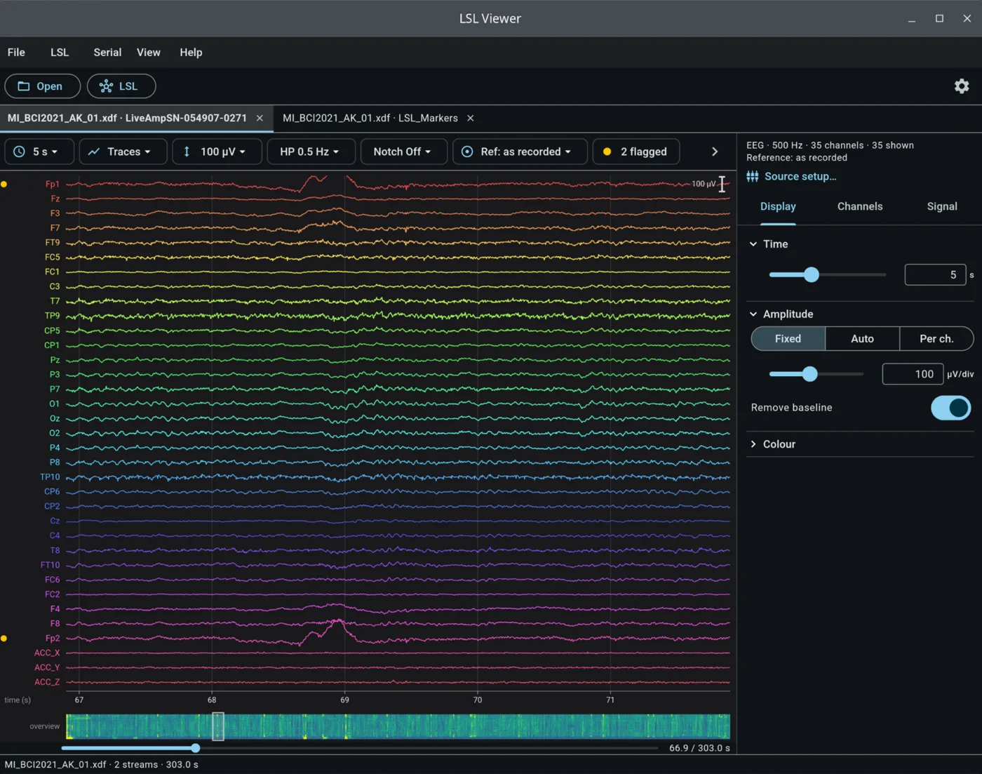 LSL Viewer showing 35 channels of EEG from an XDF recording